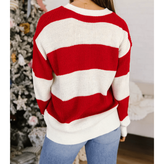 Red Stripe MERRY Drop Shoulder Long Sleeve Christmas Sweater