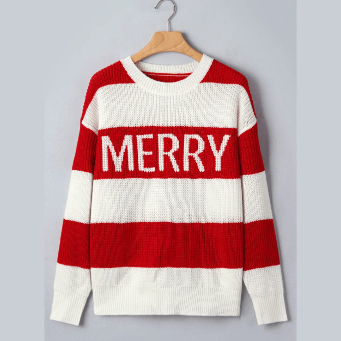 Red Stripe MERRY Drop Shoulder Long Sleeve Christmas Sweater