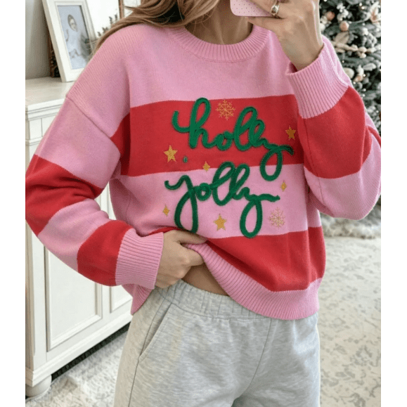 Pink Stripe Festive Holly Jolly Sequin Christmas Holiday Sweater