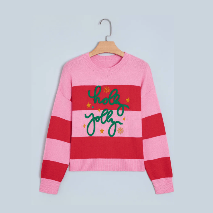 Pink Stripe Festive Holly Jolly Sequin Christmas Holiday Sweater