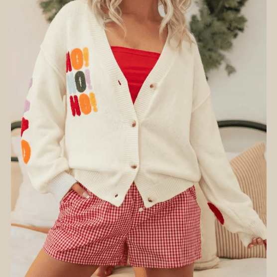 White Ho Ho Ho Slogan V Neck Button Front Embroidered Knit Cardigan