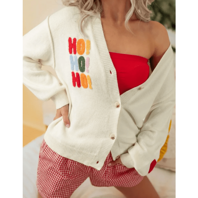 White Ho Ho Ho Slogan V Neck Button Front Embroidered Knit Cardigan