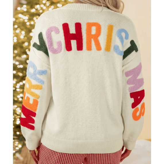White Ho Ho Ho Slogan V Neck Button Front Embroidered Knit Cardigan