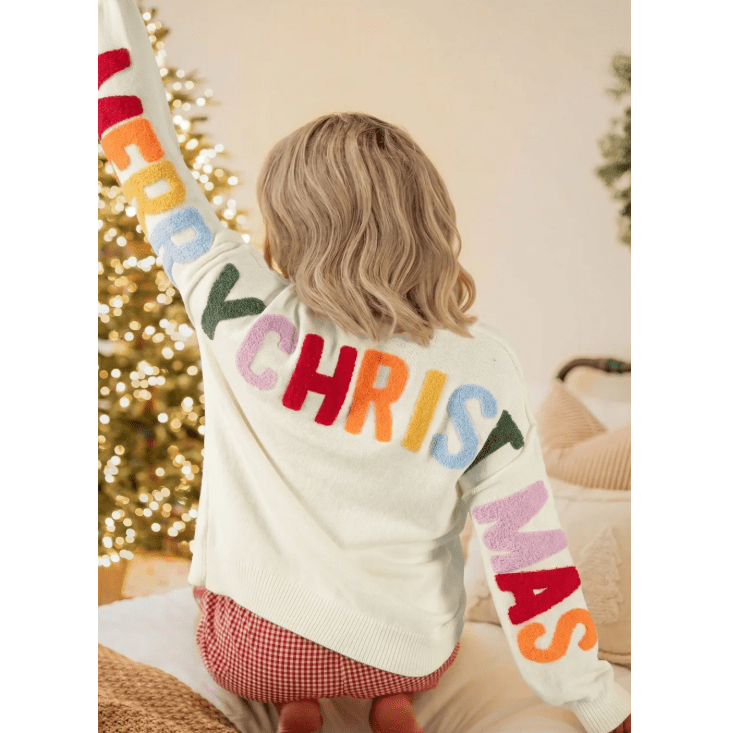 White Ho Ho Ho Slogan V Neck Button Front Embroidered Knit Cardigan