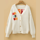 White Ho Ho Ho Slogan V Neck Button Front Embroidered Knit Cardigan