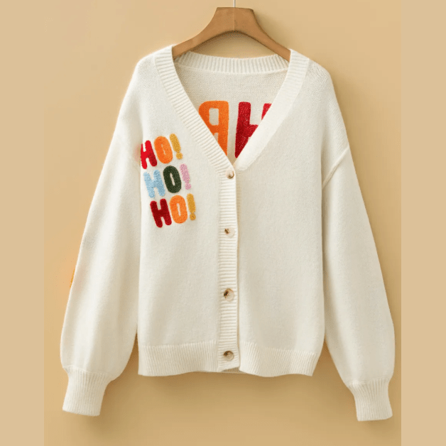 White Ho Ho Ho Slogan V Neck Button Front Embroidered Knit Cardigan