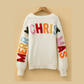 White Ho Ho Ho Slogan V Neck Button Front Embroidered Knit Cardigan