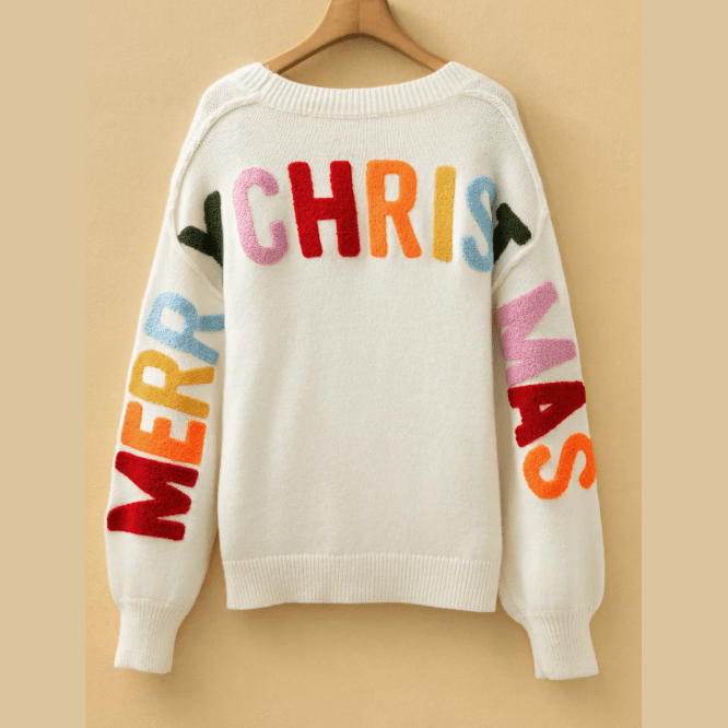White Ho Ho Ho Slogan V Neck Button Front Embroidered Knit Cardigan