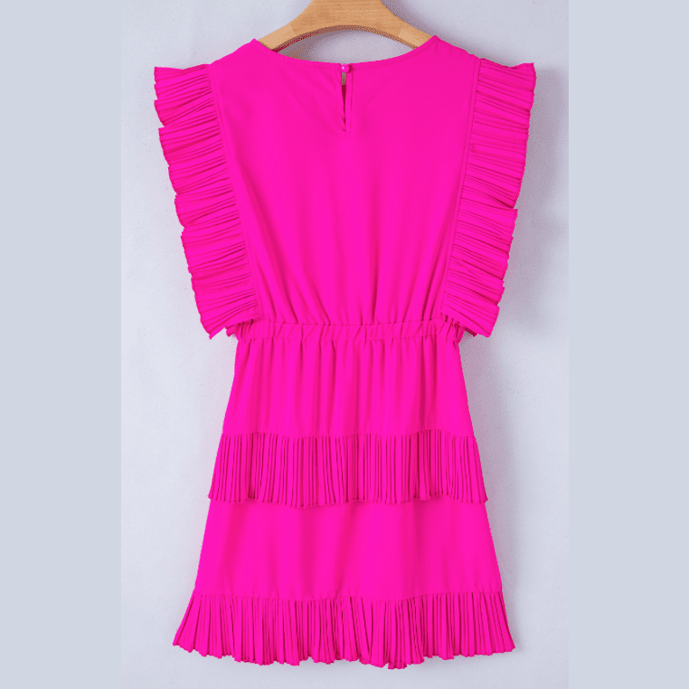 Winona Bright Pink Solid Color Pleated Layered Flutter Mini Dress