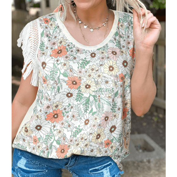 Malery Floral Crinkle Gauze Lace Fringed Crochet Top