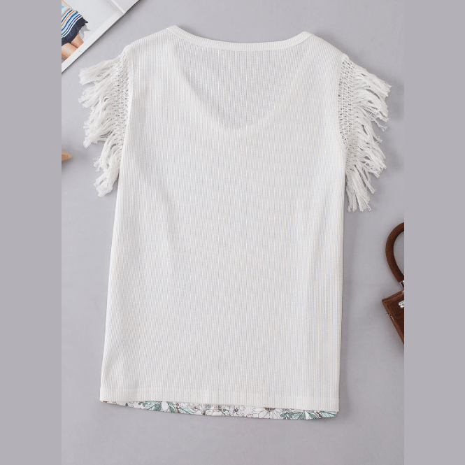 Malery Floral Crinkle Gauze Lace Fringed Crochet Top