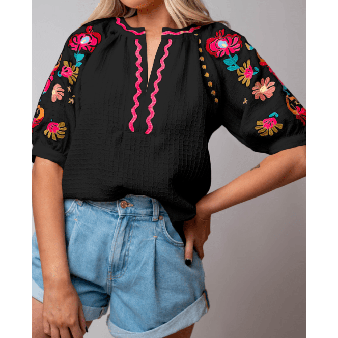 Bryson Black Floral Embroidered Ricrac Puff Sleeve Textured Blouse