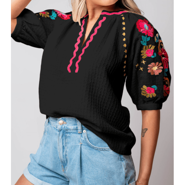 Bryson Black Floral Embroidered Ricrac Puff Sleeve Textured Blouse