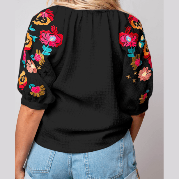 Bryson Black Floral Embroidered Ricrac Puff Sleeve Textured Blouse