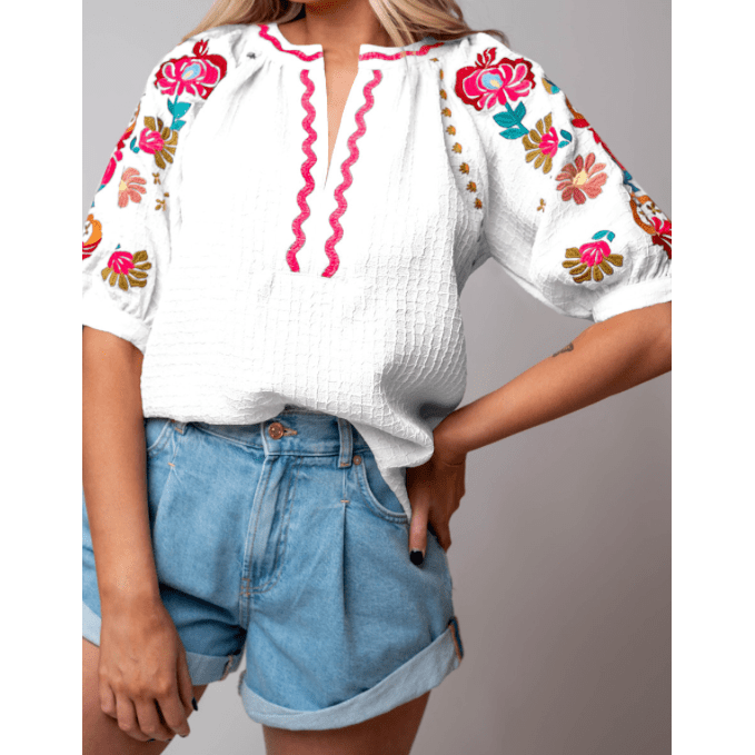 Bryson White Floral Embroidered Ricrac Puff Sleeve Textured Blouse