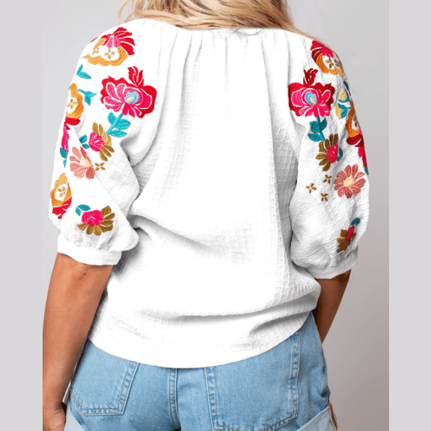 Bryson White Floral Embroidered Ricrac Puff Sleeve Textured Blouse