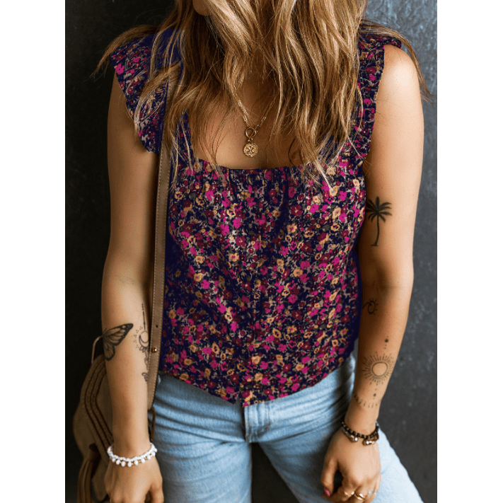 Rixie Boho Frilled Strap Floral Tank Top