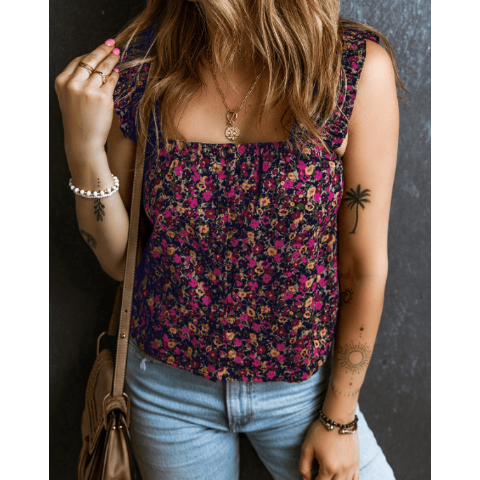 Rixie Boho Frilled Strap Floral Tank Top