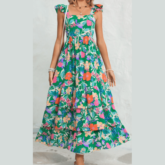 Issy Green Floral Print Sleeveless Ruffle Tiered Maxi Dress