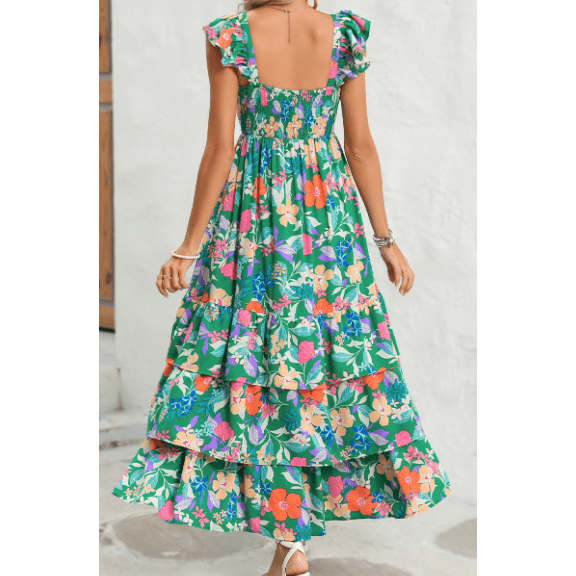 Issy Green Floral Print Sleeveless Ruffle Tiered Maxi Dress