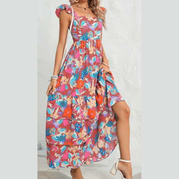 Issy Pink  Floral Print Sleeveless Ruffle Tiered Maxi Dress