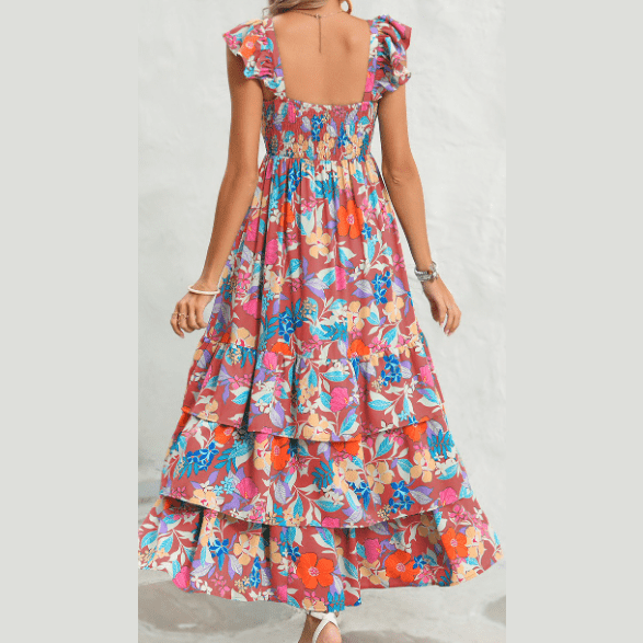 Issy Pink  Floral Print Sleeveless Ruffle Tiered Maxi Dress