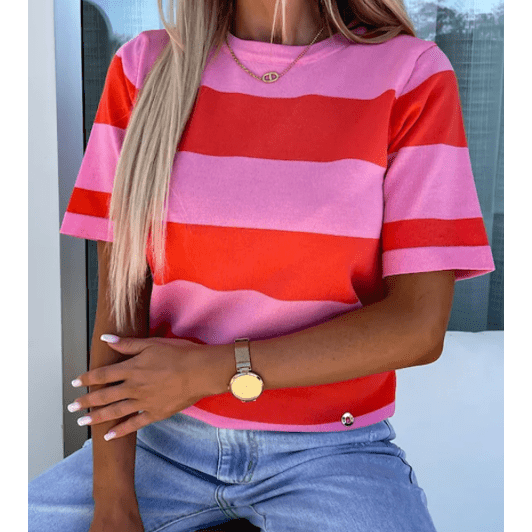 Isabelli Bright Pink Colorblock Striped Knitted T shirt