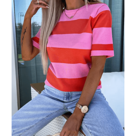 Isabelli Bright Pink Colorblock Striped Knitted T shirt