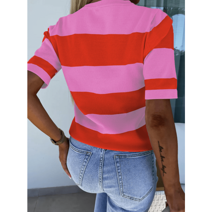 Isabelli Bright Pink Colorblock Striped Knitted T shirt