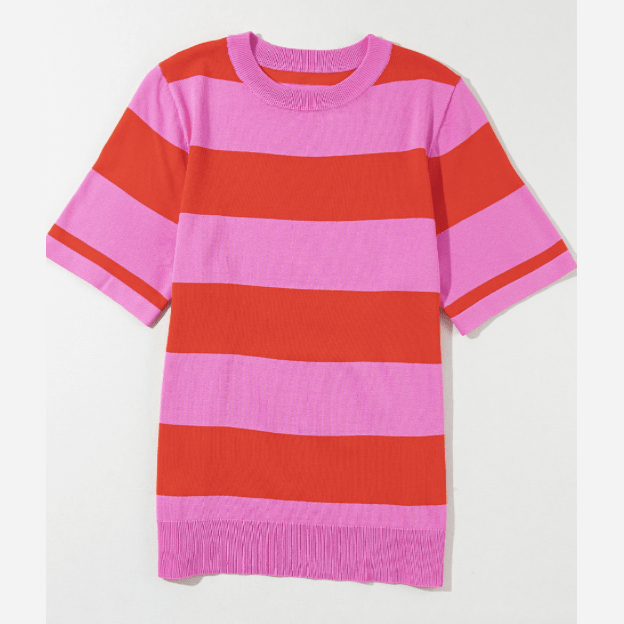 Isabelli Bright Pink Colorblock Striped Knitted T shirt