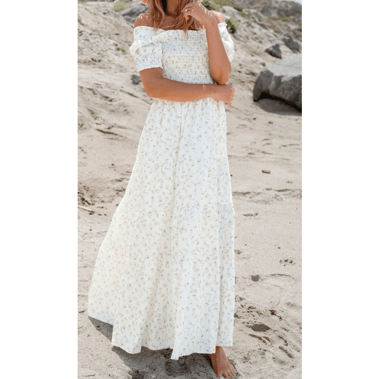 Maribelle White Frilly Shirred Bodice Tiered Floral Maxi Dress