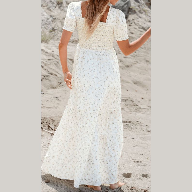 Maribelle White Frilly Shirred Bodice Tiered Floral Maxi Dress