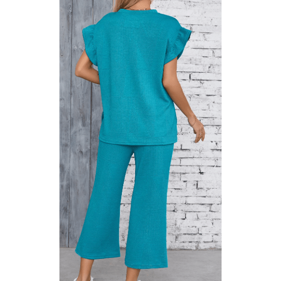 Janey Blue Ruffled Sleeve Summer Top and Cropped Loose Pants Set