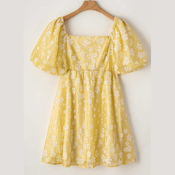 Kali Yellow Boho Flower Jacquard Puff Sleeve Square Neck Mini Dress