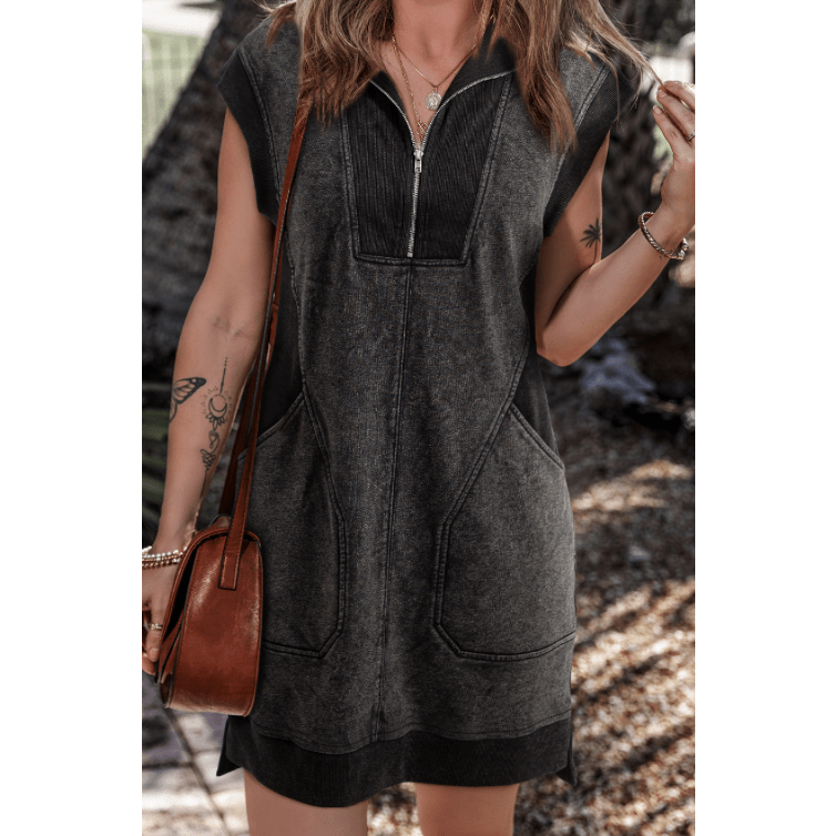 Jenica Black Quarter Zip Pocketed Cap Sleeve Sweatshirt Dress