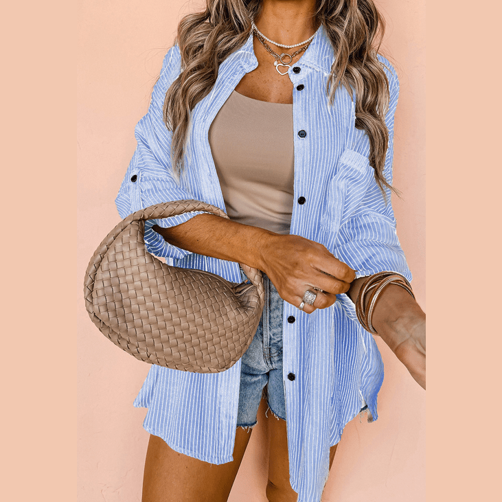 Gloria Sky Blue Stripe Roll-tab Sleeve Pocketed Long Shirt