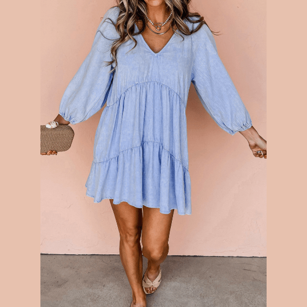 Waverly Beau Blue Puff Sleeve V Neck Tiered Ruffled Chambray Mini Dress