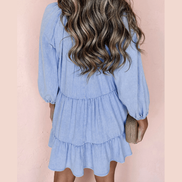 Waverly Beau Blue Puff Sleeve V Neck Tiered Ruffled Chambray Mini Dress