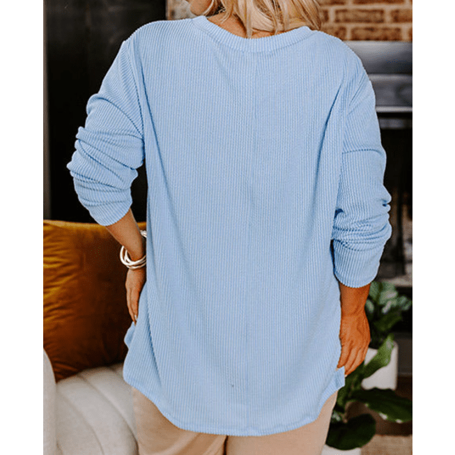 Eva Blue PLUS SIZE Ribbed Textured Long Sleeve T Shirt