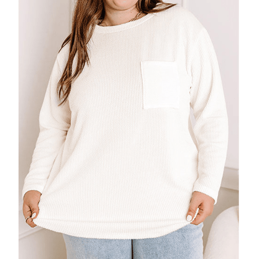 Eva White PLUS SIZE Ribbed Textured Long Sleeve T Shirt