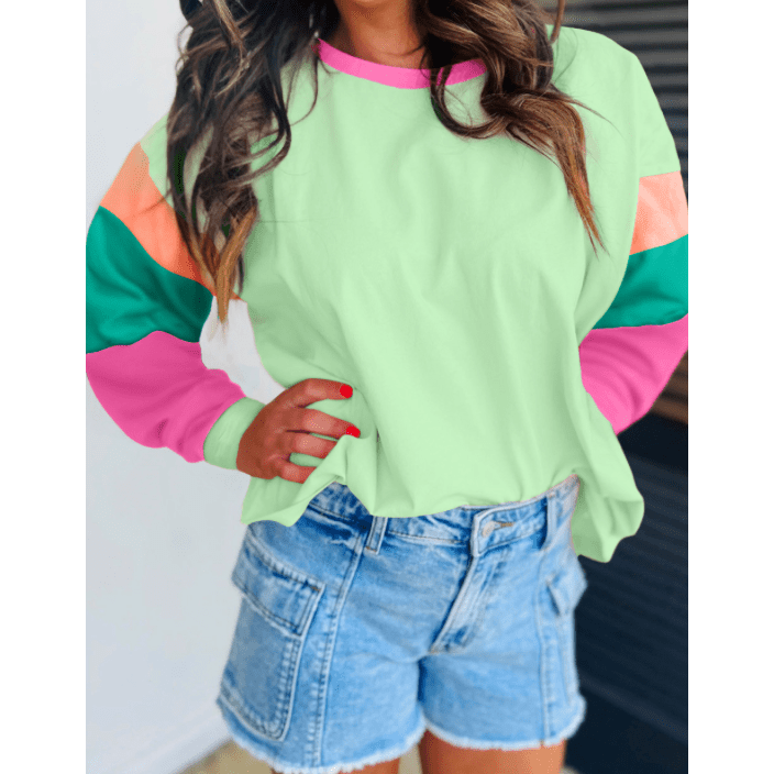 Talia Green Colorblock Patchwork Long Sleeve Loose Top