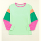 Talia Green Colorblock Patchwork Long Sleeve Loose Top