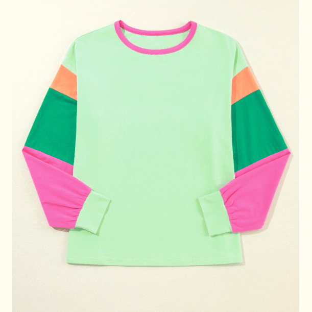 Talia Green Colorblock Patchwork Long Sleeve Loose Top