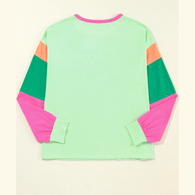 Talia Green Colorblock Patchwork Long Sleeve Loose Top