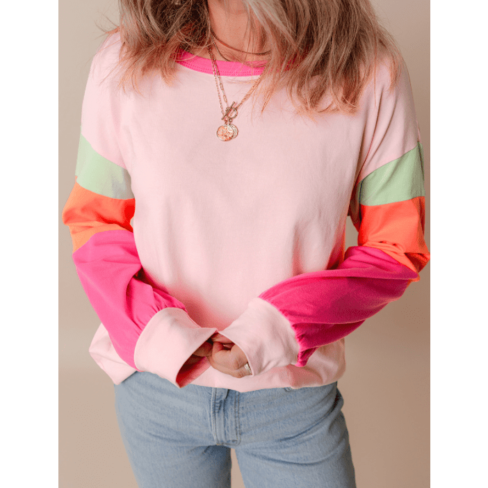 Talia Light Pink Colorblock Patchwork Long Sleeve Loose Top - S to 3X