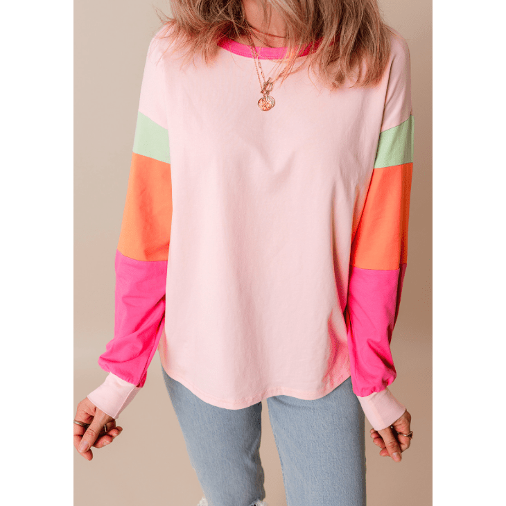 Talia Light Pink Colorblock Patchwork Long Sleeve Loose Top - S to 3X