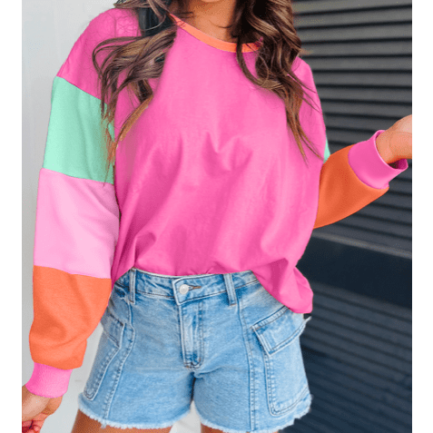 Talia Hot Pink Colorblock Patchwork Long Sleeve Loose Top