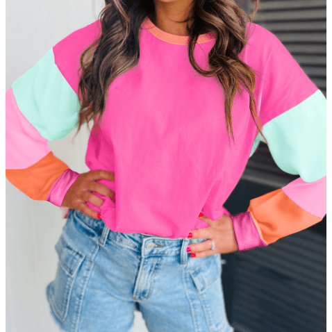 Talia Hot Pink Colorblock Patchwork Long Sleeve Loose Top