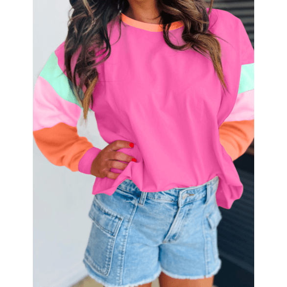 Talia Hot Pink Colorblock Patchwork Long Sleeve Loose Top