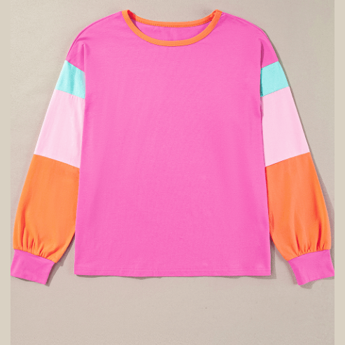 Talia Hot Pink Colorblock Patchwork Long Sleeve Loose Top